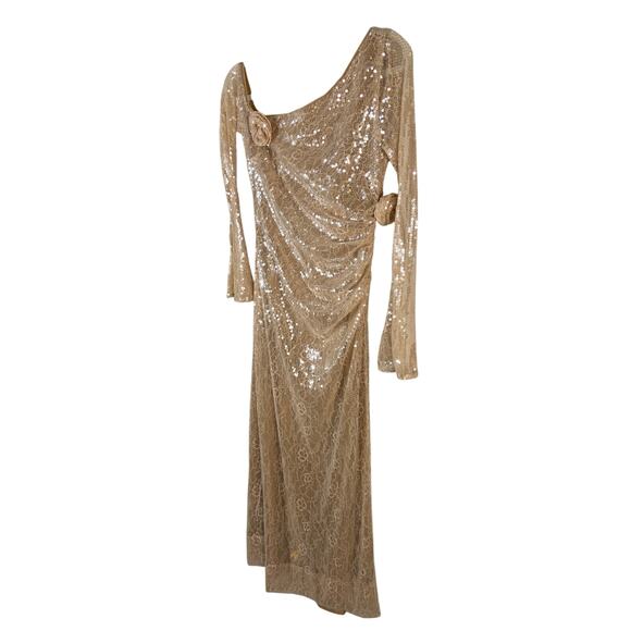 LPA Aniella Sequined Lace Gown Rosette One Shoulder Formal Party Champagne S - Picture 5 of 16